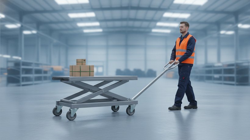 Table élévatrice Flexlift mobile sur roulettes, manœuvrée dans un hall industriel à l'aide du timon de manutention