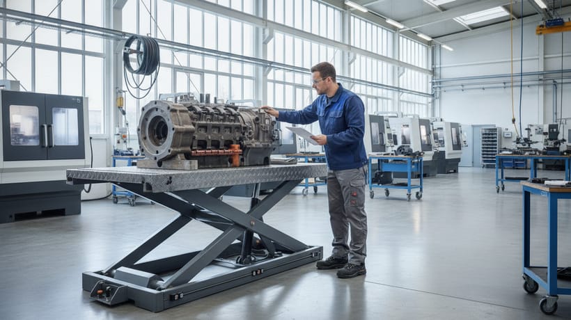 An engineer checking an off-centre load on the platform of a scissor lift table in an industrial workshop