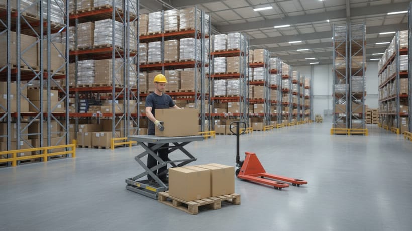 Order picker taking cartons from a pallet on a scissor lift table at an ideal gripping height, with warehouse racking and a hand pallet truck in the background