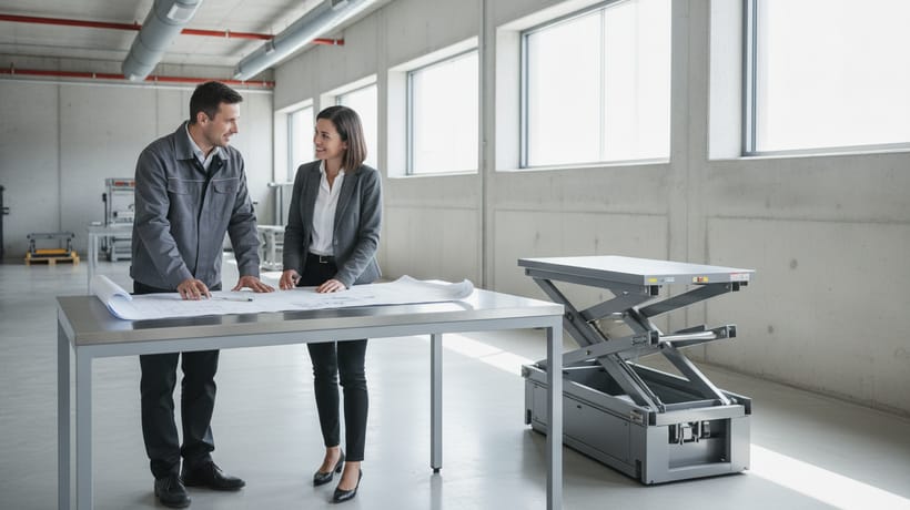 Beratungsgespräch im Showroom: Fachperson und Kundin besprechen technische Zeichnungen neben einem Scheren-Hubtisch