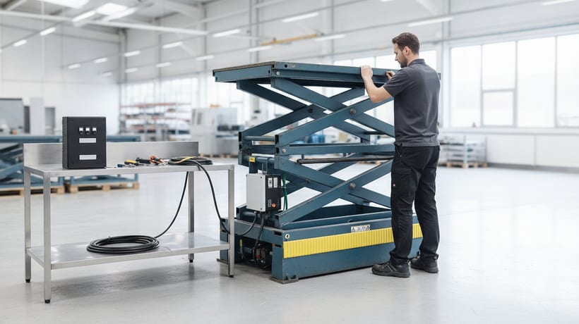 A service technician modernising a scissor lift table, with a retrofitted yellow toe guard and a new control unit in a Swiss business