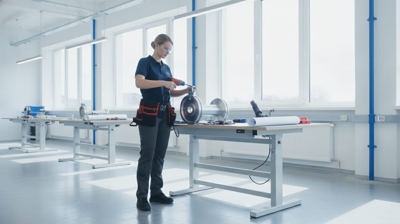 Mitarbeiterin arbeitet in aufrechter Haltung an einem höhenverstellbaren Arbeitstisch in einer hellen Werkstatt