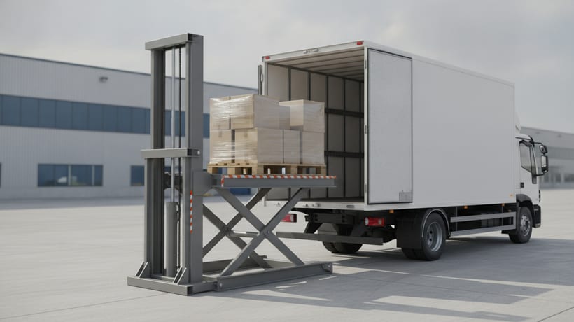 Verladehubtisch als Scherenhubtisch an einer Verladestelle, der eine Palette zwischen Boden und LKW-Ladefläche hebt